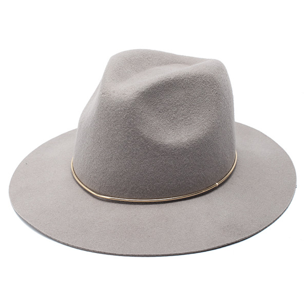 ROSELUOSI 100% Wool Felt Jazz Hat For Women Wild Brim Panama Fedoras With Metal Decoration Casual Solid Color Chapeau Femme