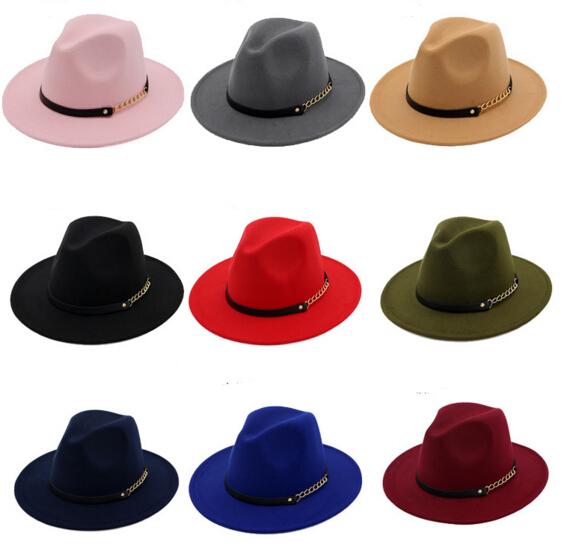 Fashion TOP hats for men & women Elegant fashion Solid felt Fedora Hat Band Wide Flat Brim Jazz Hats Stylish Trilby Panama Caps 5 pcs