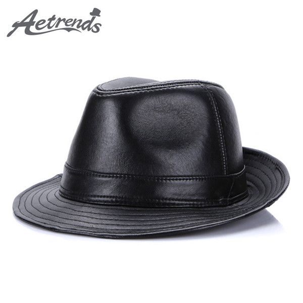 [AETRENDS] 2017 New Winter 100% Leather Jazz Cap Panama Hats for Men Fedora Hat Genuine Leather Fedoras Z-5486