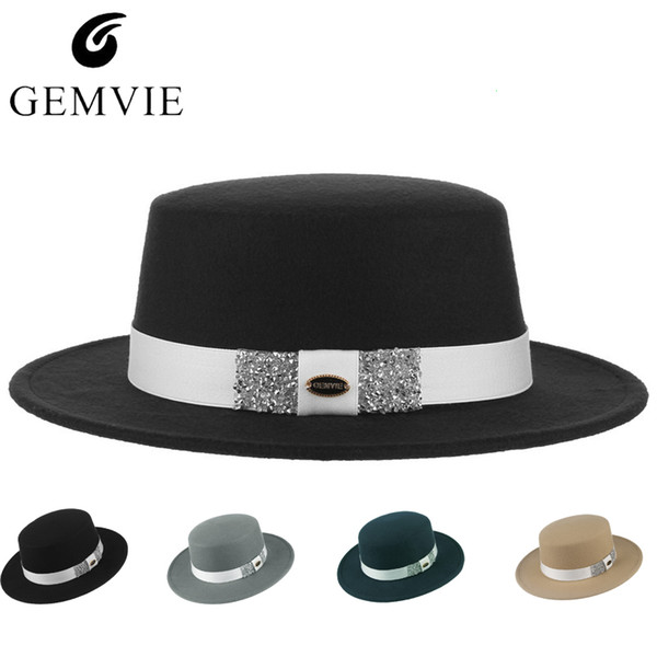 Elegant Women Fedoras Retro Jazz Cap GEMVIE Solid Color Flat Top Wide Brim Billycock Hat Fashion Rhinestone Ribbon Top Hat