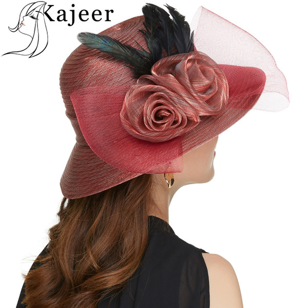 Kajeer 2019 Gauze Feather Fedora Hat Elegant Princess Hats Felt Brim Hats Bowknot Bowler Caps Sun Ladies Hat Cap