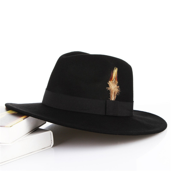 2018 Vintage Pure Wool Felt Men Fedora Cap Plain Pillbox Male Feather Top Cap England Gentleman Hat Sombreros Autumn Winter Hat