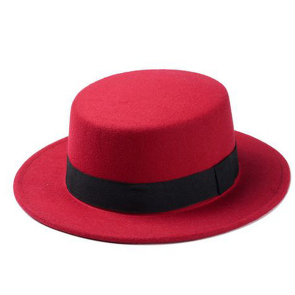 Fashion Wool Boater Flat Top Hat For Women Felt Wide Brim Hat Laday Prok Pie Chapeu de Feltro Bowler Gambler Top