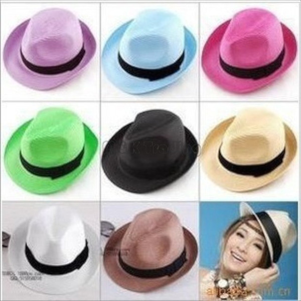 Wholesale Cheap Straw Panama Hats Sun Protection 15 Colors Mixed Vogue Soft Stingy Brim Hats Colors Choose Free Ship