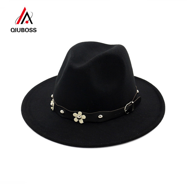 QIUBOSS European US Classic Wool Felt Fedora Trilby Hats Wide Brim Hat Autumn Winter Women Jazz Formal Cap Casual Gambler Hat