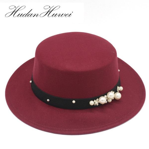 High Quality Wool Flat Top Fedora Hats for Women Black Wide Brim with Faux Pearl Decorated Felt Boater Hat Cowboy Caps for Lady