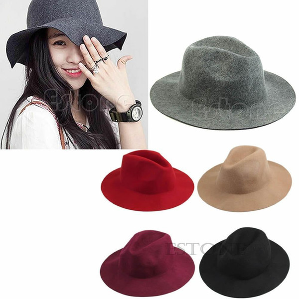 2018 Fashion Women Vintage Wide Brim Wool Felt Hat Classical Flop Bowler Fedora Cap Vintage Woolen Canopies Hat