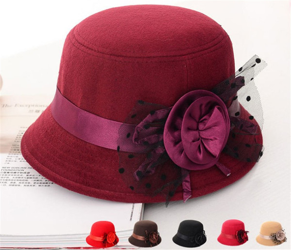 Vintage Elegant Womens Stingy Brim Hats Ladies Bowler Hats Imitate Cashmere Wool Caps With Flower Ornament Travel Casual Bucket Sun Cap