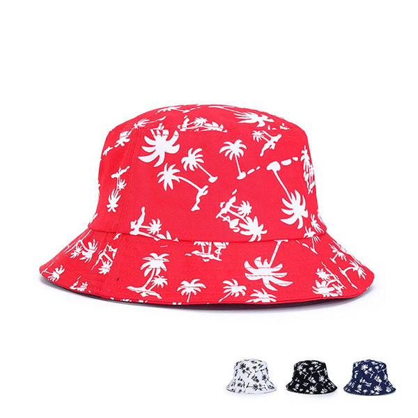 Design of coconut trees Summer Women and Men Foldable Sun Beach Hat Bucket Hat Basin Caps Rope Fishing Hats 4 Colors