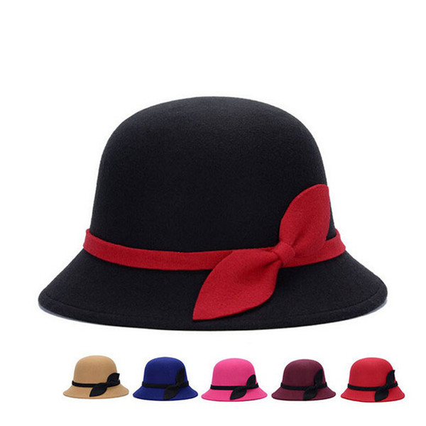 Elegant Bowknot Top Hats Women Lady Wool Felt Caps Spring & Autumn Vintage Cloche Bowler Stringy Brim Hats High Quality DCBF126