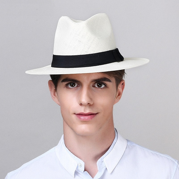 Summer Straw Jazz Hat With Bow Band Fashion Beach Panama Cap Solid Women Men UV Protection Sun Hats