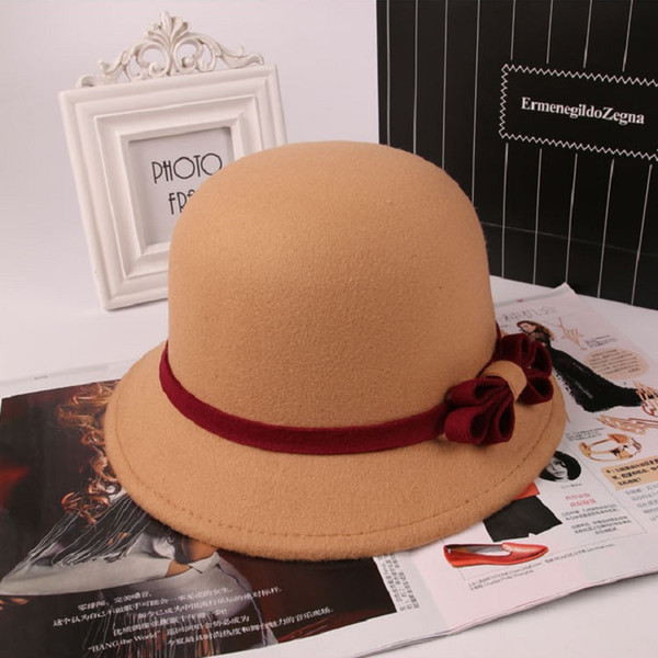 Women Fashion Top Hats Imitation Wool Stingy brim hats Classic Bow casual caps DHL Free shipping