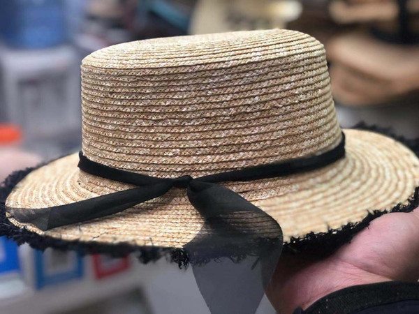 01902-axi 2019 new summer handmade straw lace bowknot flat lady fedoras cap women leisure panama hat