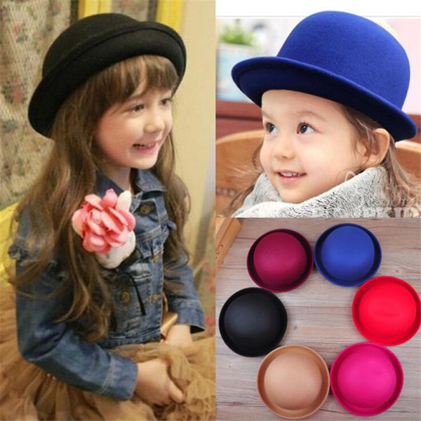 Retail Little girls fedora hat Dome cap Children dress hats Kids caps felt hats wool felting Bowler hat