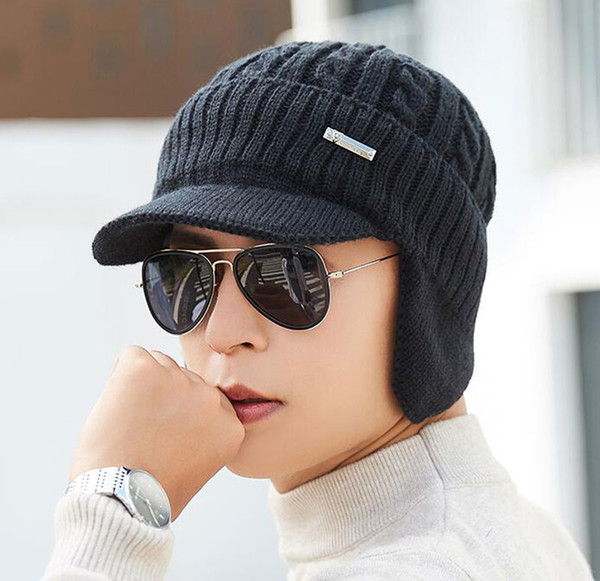 Fashion Adult Winter Hat For Women Men Skullies Cap With Brim Knitted Visor Beanies Earflaps Cap Balaclava Bonnet Warmer