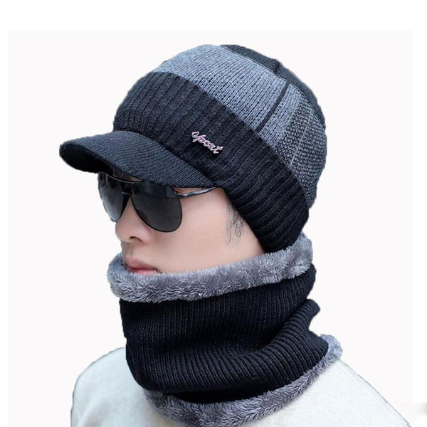 Men Winter Hat And Scarf Set For Women Male Ring Scarves Cap With Brim Knitted Visor Beanies Balaclava Adult Warm 2 Pcs Set