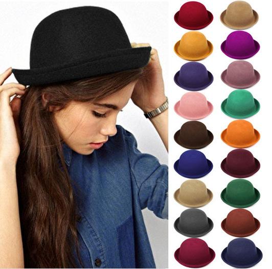 Hot Sale !! Vintage Women Lady Cute Trendy Wool Felt Bowler Derby Fedora Hat Cap Hats Caps 19 Colors