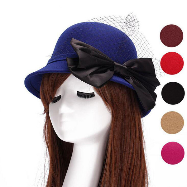 High quality Skeleton Silk Big Bowknot Hat Rings & Wintergrass Women 's Hats Fashion imitation wool felt hat ceremony cap EMB033