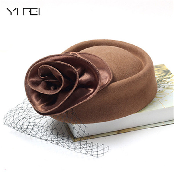 Brand Quality Classic Solid flower Beret Caps Wool Felt Winter Women Hat Elegant Hat Wedding Fedora flat Formal