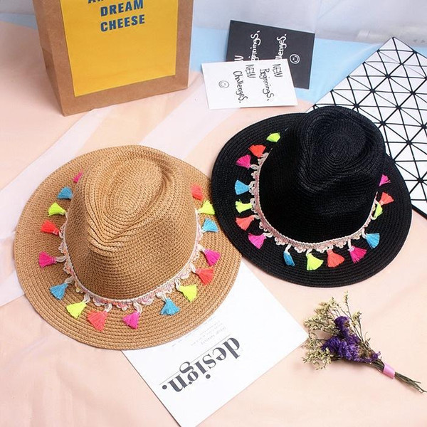 Fashion new summer beach color tassel braided straw hat sun shade travel England small hat couple family hat