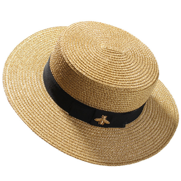 Woven Wide-brimmed Hat Gold Metal Bee Fashion Wide Straw Cap Parent-child Flat-top Visor Woven Straw Hat