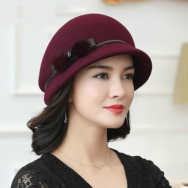 Mother Gift Lady Autumn and Winter Fashion Woolen Cloche Hats Woman Party Formal Top Grade 100% Wool Felt Hat Cap