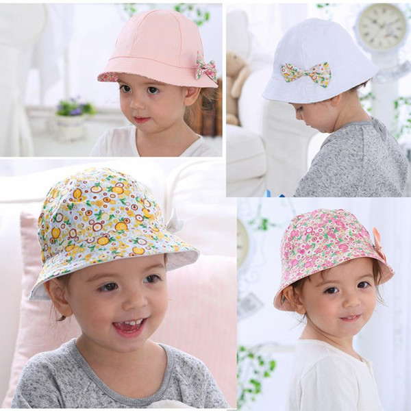 Baby Bowknot Floral Summer Bucket Hat Flower Fisherman Cotton Kids Girls Cap Sun Double Sided Baby Best Gifts T0172