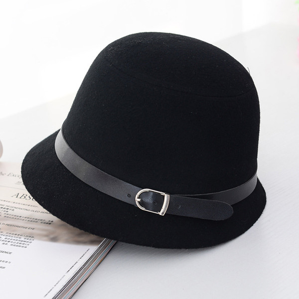 Women Dome Wide Round Equestrian Hat Bucket Belt Decorated Bowler Autumn Winter British style Solid Color Woolen Cap Top Hat~