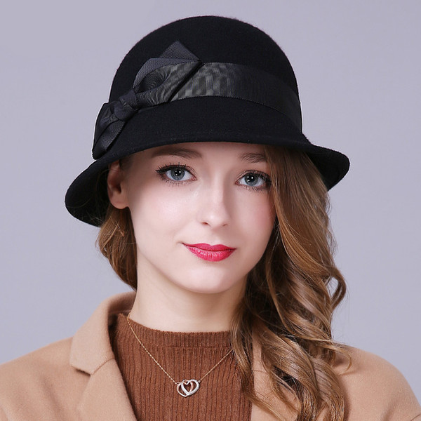 Sedancasesa Autumn Winter Female hats cloche ladies England Retro Australian wool Felt Hat Bow Bucket hats for Women FW206005