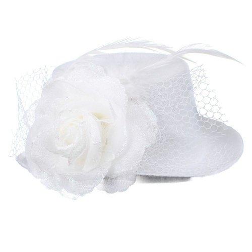 White Feather Mini Top Hat Flower Clip Fascinator Bridal Wedding