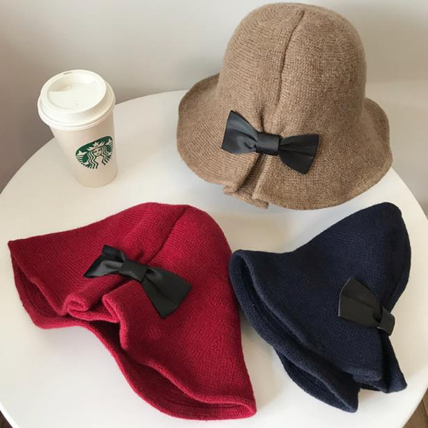 Hat lady autumn winter Korea version of bowknot knitted woollen basin hat elegant and sweet Japanese fisherman hat ancient style