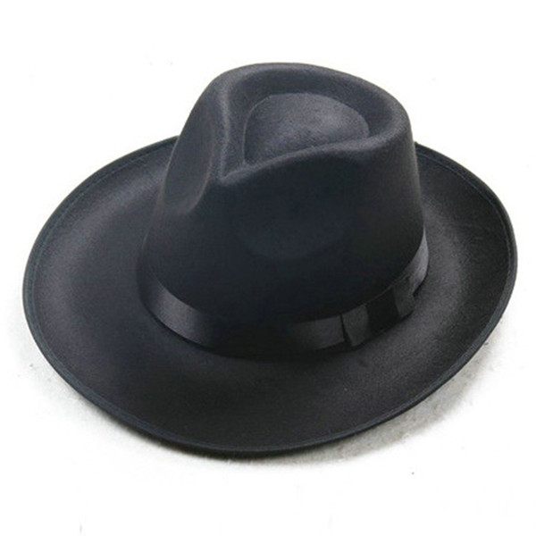 Women Vintage Wide Brim Ribbon Warm Artificial Wool Hat Bowler Fedora Cap