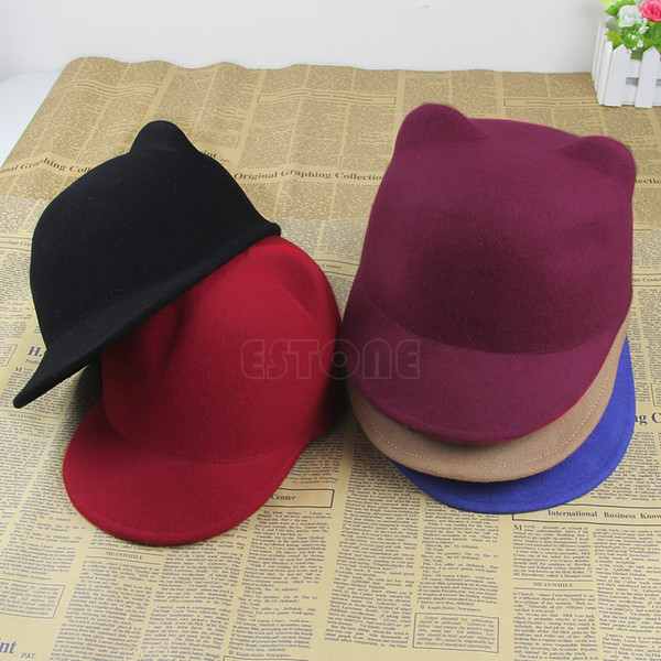 Winter Fashion Women Devil Hat Cute Kitty Cat Ears Wool Bowler Cap 5Colors