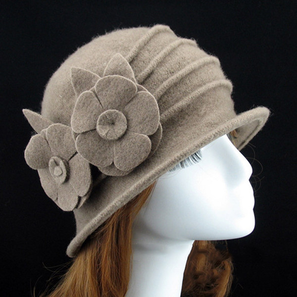 Fashion Women Solid Wool Felt Woolen Hat Lady Flower Design Autumn Winter Warm Cap Hats IK88