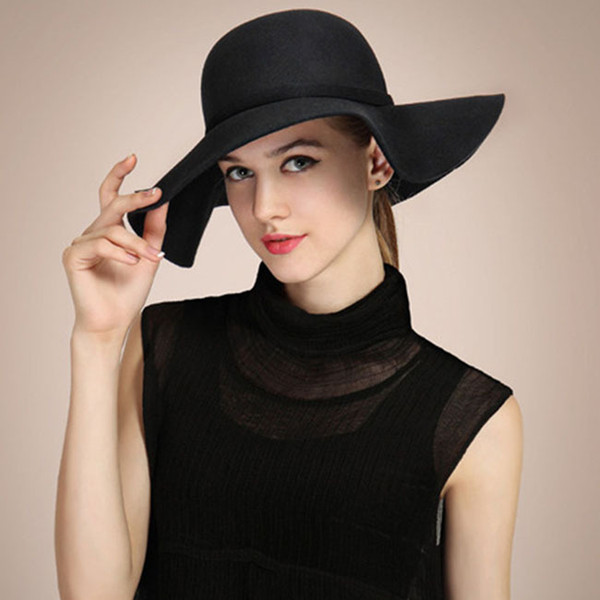 Wholesale-2015 New Womens Hat Wide Brim Soft Wool Felt Bowler Fedora Hat Floppy Cloche Cap Beach Casual Sun Hat Autumn Winter Cap 8 Colors