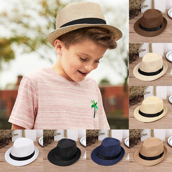 20pcs New Children Kids Summer Beach Straw Hat Jazz Panama Trilby Fedora Hat Gangster Cap Outdoor Breathable Hats Girls Boys Sunhat