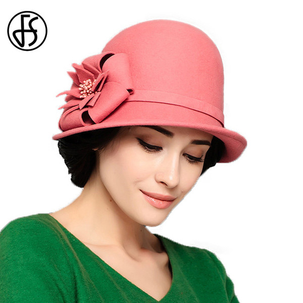 FS 100% Australia Wool Ladies Felt Hat With Flower Royal Wide Brim Fedora Red Pink Hat Women Elegant Floppy Cloche Hats