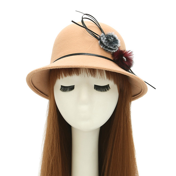 2019 Spring And Autumn New Double Hair Ball And Diamond Top Hat Ladies Imitation Woollen Basin Hat Casual Felt Winter