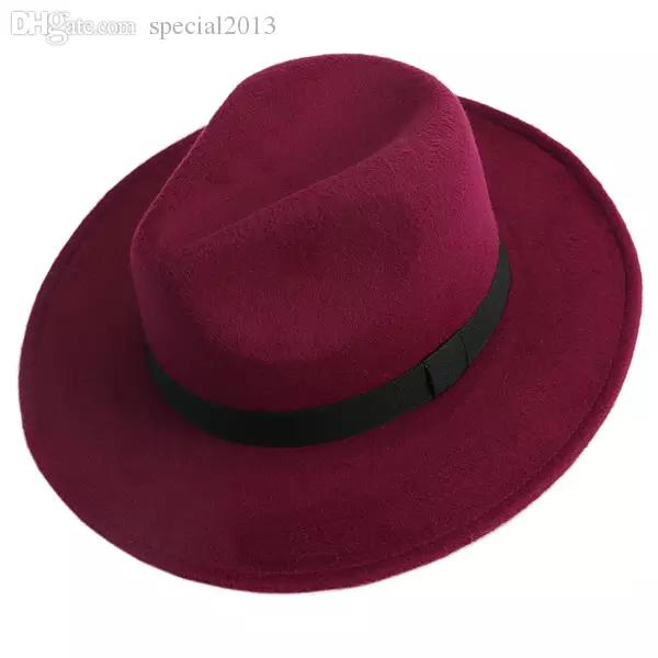 Wholesale-Men Women Jazz Bowknot Hard Felt Fedora Bowler Panama Wide Hat Brim Gangster Cap-J117