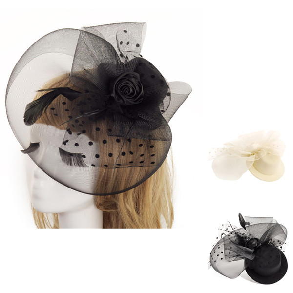 YOUYEDIAN 2018 New Fashion Wedding Women Fascinator Penny Mesh White Black color Hat Ribbons And Feathers Party Hat #9