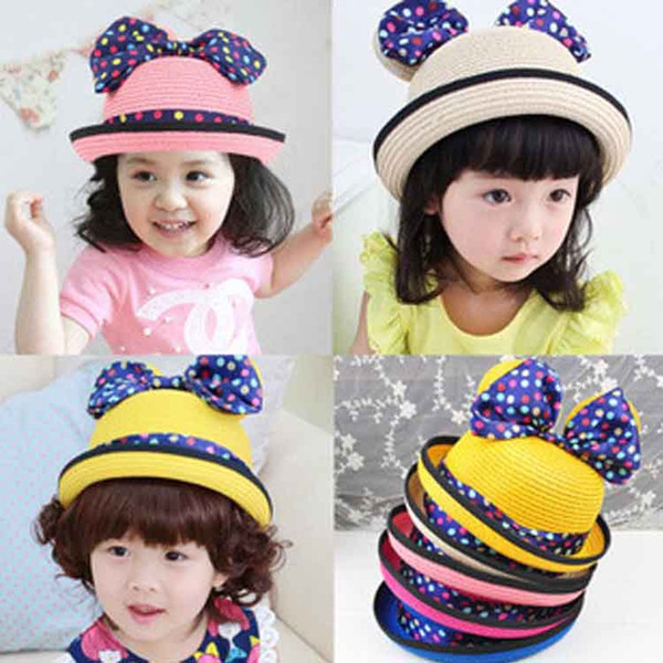 summer paper weaving character Child head sun visor ear cartoon Cap beach big brim straw hat children travel Outdoor cap 10pcs