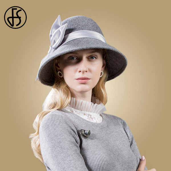 FS Black Hats Wool Women 2018 Autumn Winter Gray Wide Brim Round Hat Felt Vintage Bow Top Cloche Fedoras Chapeu de Feltro