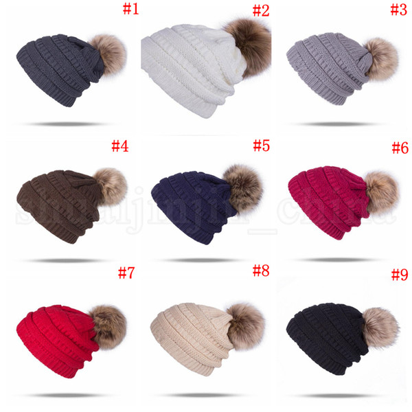 Women Beanies Autumn Winter Knitted Skullies Casual Outdoor Hat Solid Ribbed Beanie with Pom 9 Colors 100pcs OOA2717