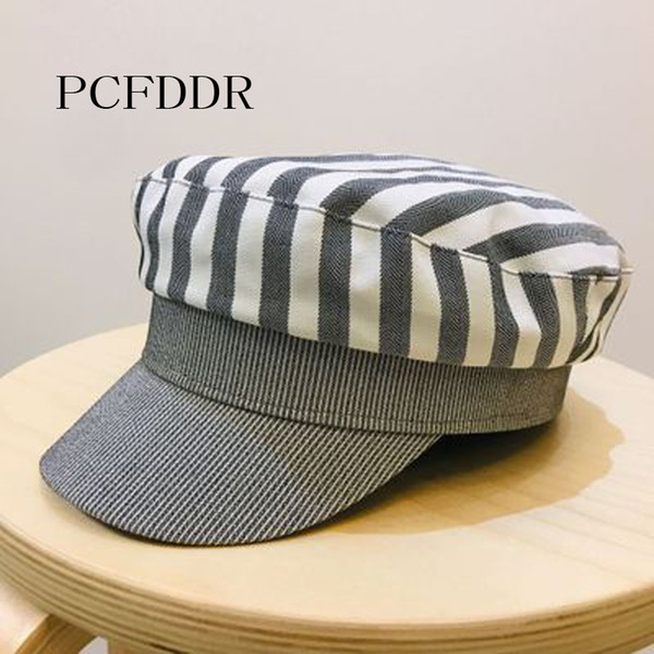 PCFDDR Simple Leisure and Breathable Female College Wind-striped Flat-topped Duck Tongue Cap in Spring and Summer of 2019.