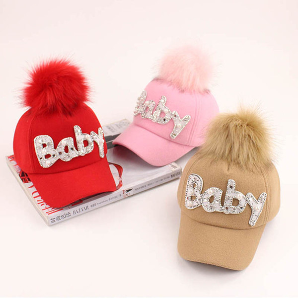 Fashion Cartoon Children Hip Hop Baseball Cap Winter Woolen hairball kids Sun Hat Boys Girls snapback Caps age for 2-9 years old