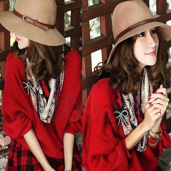 A96 Free Shipping Women Wool Belt Fedora Trilby Cap Winter Warm Wide Brim Buckle Cowboy Hat