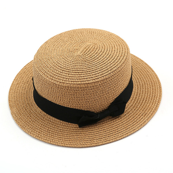 2019 simple Summer Parent-child Beach Hat Female Casual Panama Hat Lady Brand Women Flat brim Bowknot Straw cap girls Sun Hat