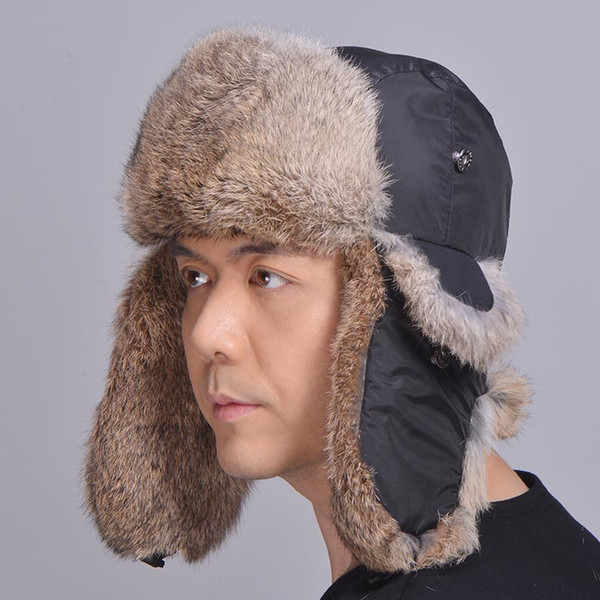 Unisex Genuine Rabbit Fur Trapper Hat Rabbit Fur Earflap Cap Winter Skiing Hat Natural Fur Bomber Hat Man Women