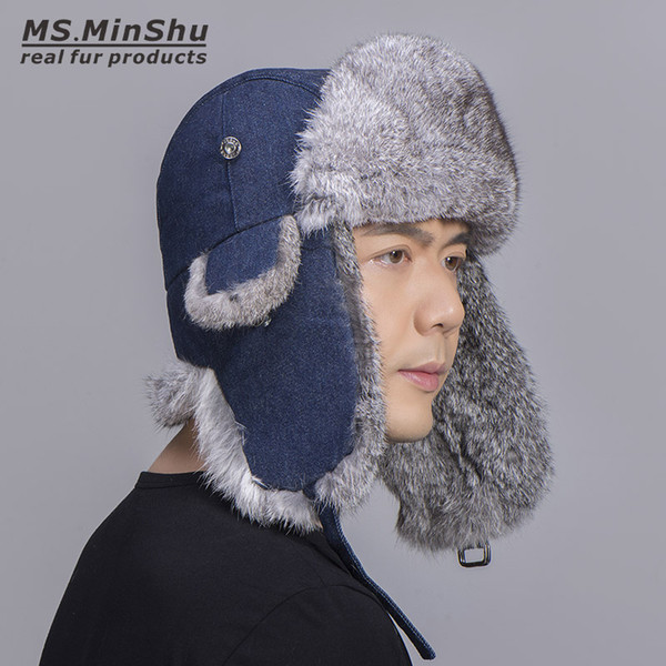 Unix Rabbit Fur Trapper Hat with Denim shell Natural Rabbit Fur Hat Winter Skiing Caps Real Fur Aviator Hat Winter Earflap Hats