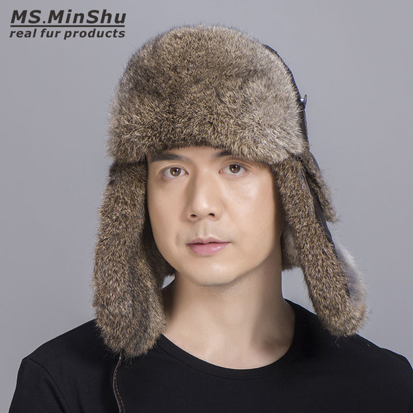 Genuine Rabbit Trapper Hat Russian Rabbit Fur Hat Man Skiing Cap Natural Rabbit Fur Bomber Hat with Real Sheep Leather Cap For Winter